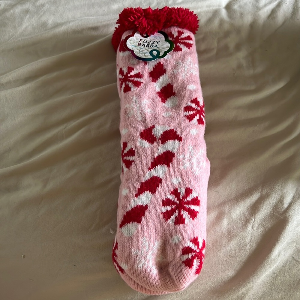 NWT Pink Candy Cane long Fuzzy Babba Faux Fur Socks with grips